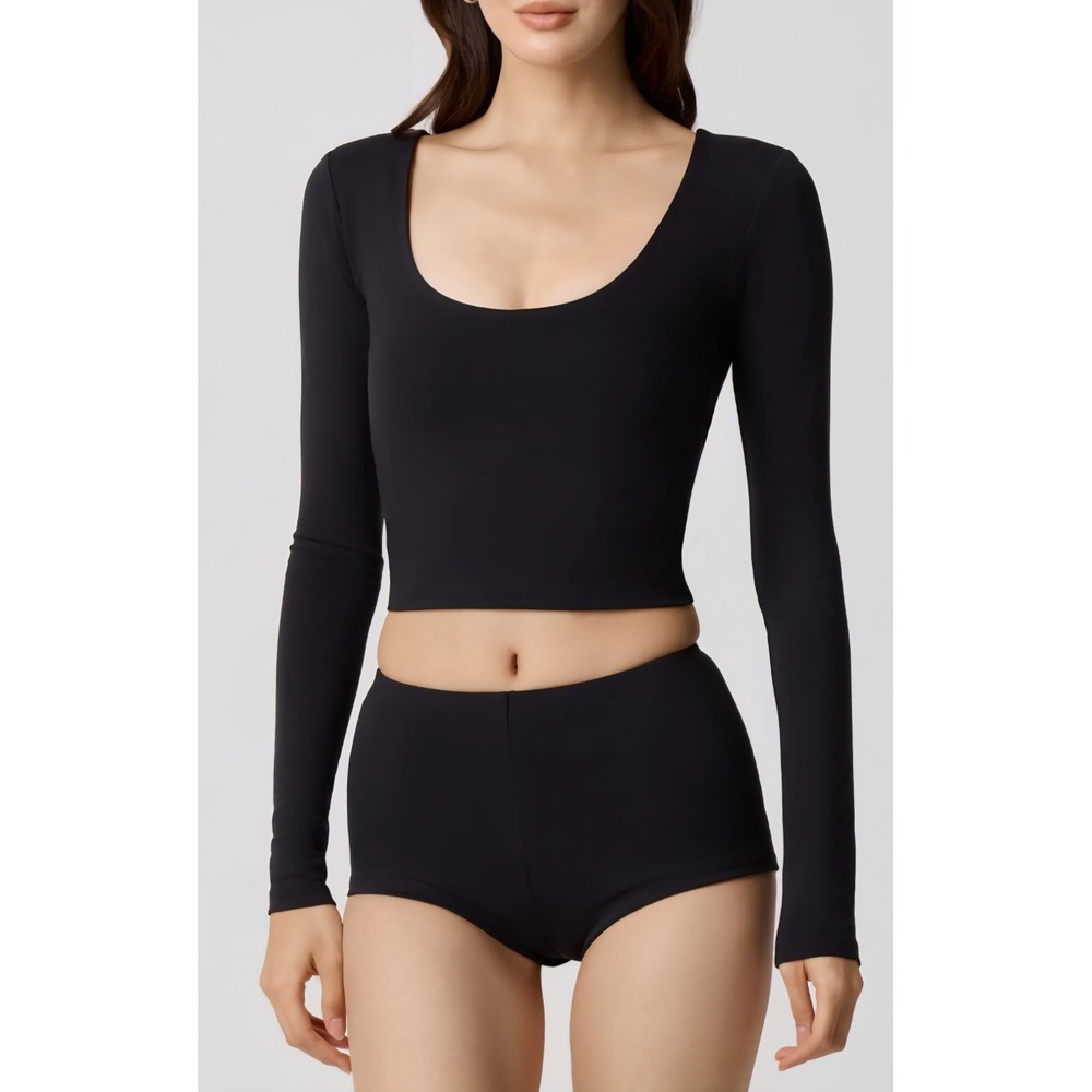 Florence By Mills Power Mesh Plunge Neck Long Sleeve Tee Shirt Medium Black NWT